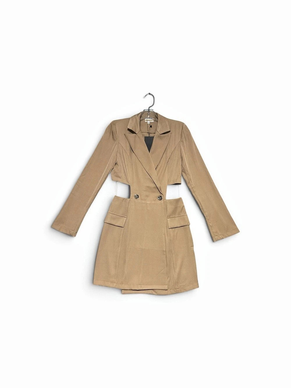 QUII Tan Khaki Trench Blazer Cutout Dress Size Small S Cargo Pockets